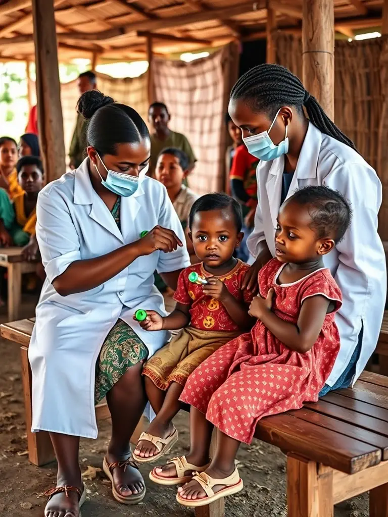 A group of community health workers providing vaccinations to children in a rural village, showcasing Lamphh International's health program.